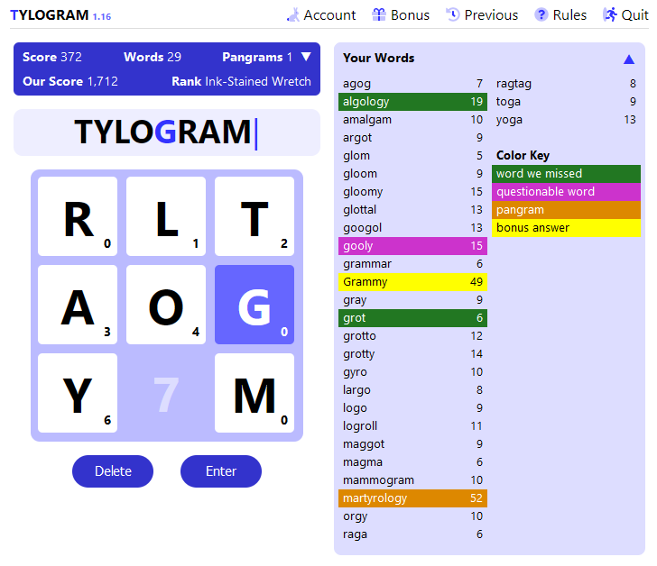 A sample gameboard from the desktop version of Tylogram, with the letters R, L, T, A, O, Y, M, and anchor letter G arranged in a 3x3 sliding tile grid. The player has found 29 words so far, which are listed under "Your Words," and they have spelled out TYLOGRAM as their next entry.