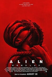 Alien: Romulus poster with a face-hugger doing it's hugging thing.