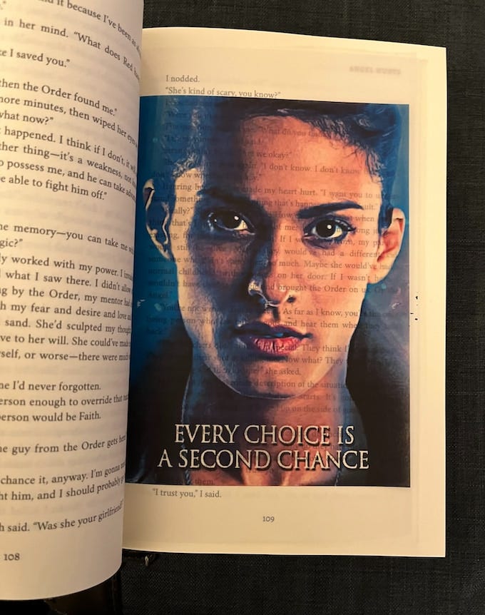 Vellum Insert with face of Night Sanchez and text: Every Choice is a Second Chance