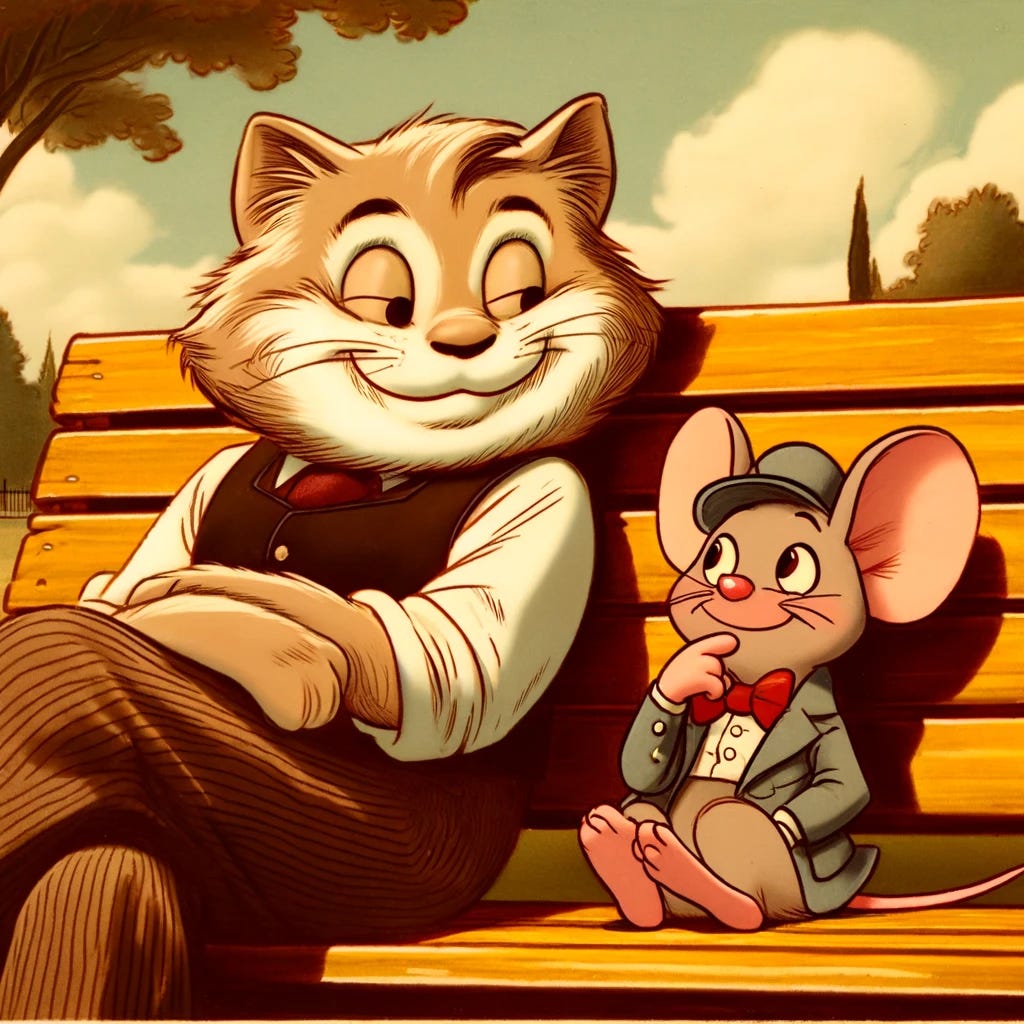 A 1930's style cartoon image featuring a cat and a mouse looking somewhat sheepish as they sit together on a park bench, enjoying the sunshine. The cat has a mischievous smile, and the mouse looks a bit sly, both caught in a moment of camaraderie. The setting is a sunny park with trees and a clear sky in the background, drawn in the classic animation style of the era with soft lines and a warm, inviting color palette. The bench should be wooden, and both characters are adorned with period-appropriate clothing: the cat with a vest and the mouse with a bow tie.