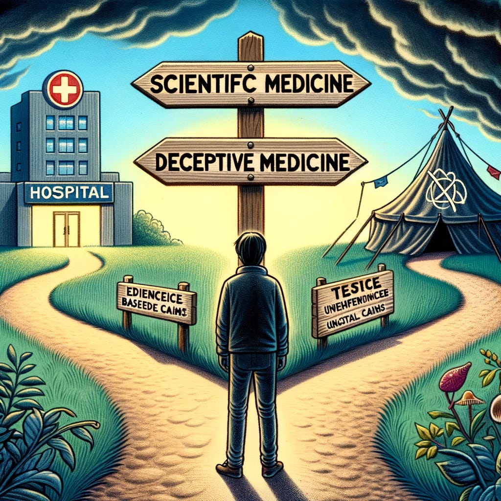 An illustration of a person standing at a crossroads, the paths labeled 'Scientific Medicine' and 'Deceptive Medicine.' The scientific path is bright and clear, leading to a hospital with an evidence-based sign, while the deceptive path is dark and overgrown, leading to a tent with mystical symbols and unverified claims. A signpost at the fork displays 'Choose Wisely' with no text on the tents or hospital to ensure clarity of the message without specific words.