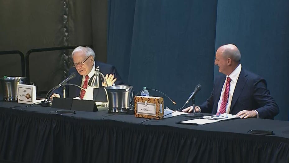 Warren Buffett and Greg Abel during the Berkshire Hathaway Annual Shareholders Meeting in Omaha, Nebraska on May 4, 2024.