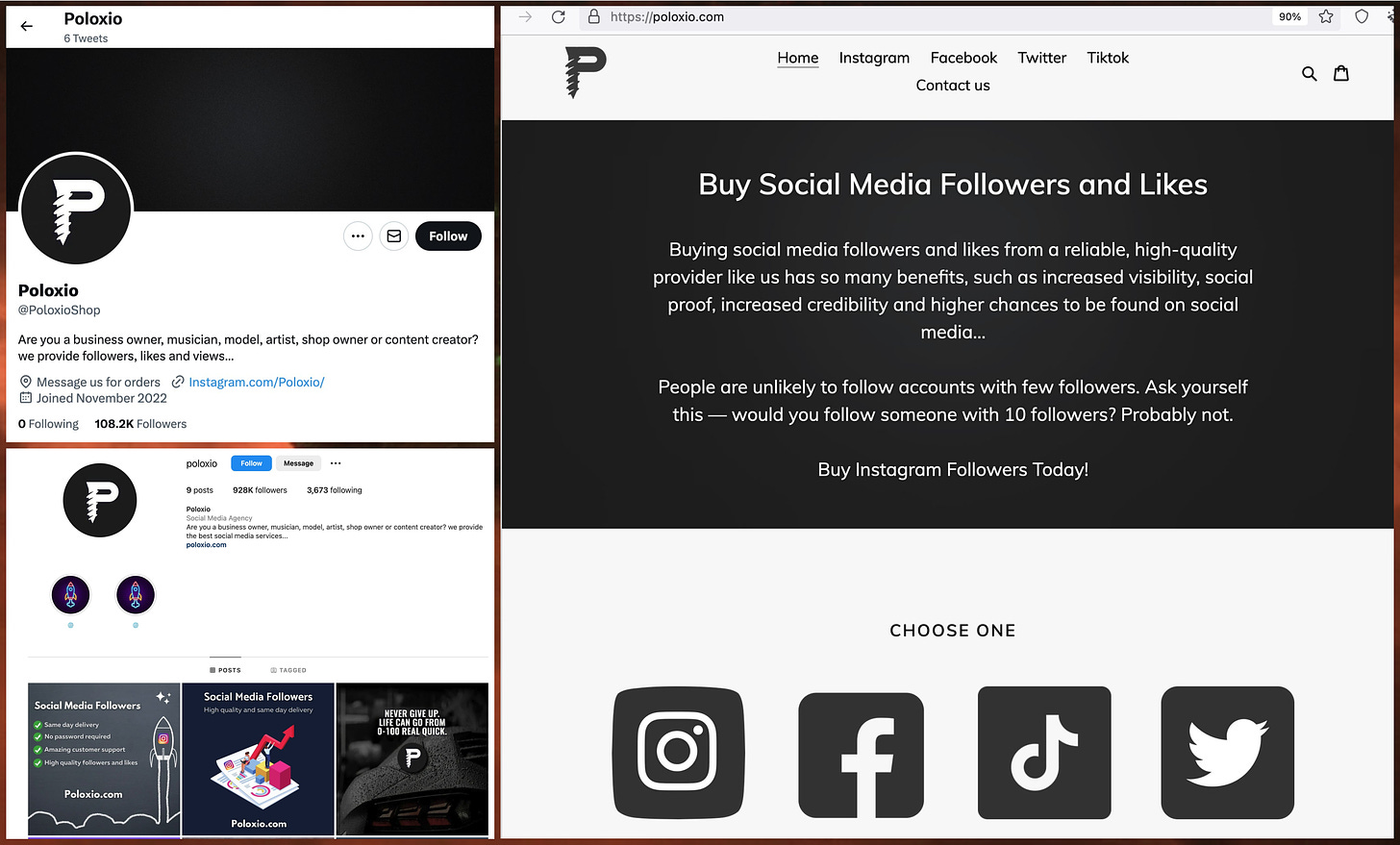 screenshots of the Poloxio Shop X profile, Instagram profile, and website