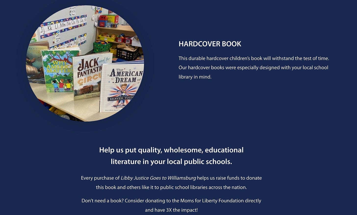 Text from the website for Libby Justice noting that every purchase of the book helps the group get more of their books in public schools. It touts Libby Justice being in hardcover as a big bonus for purchasing the title for libraries. 