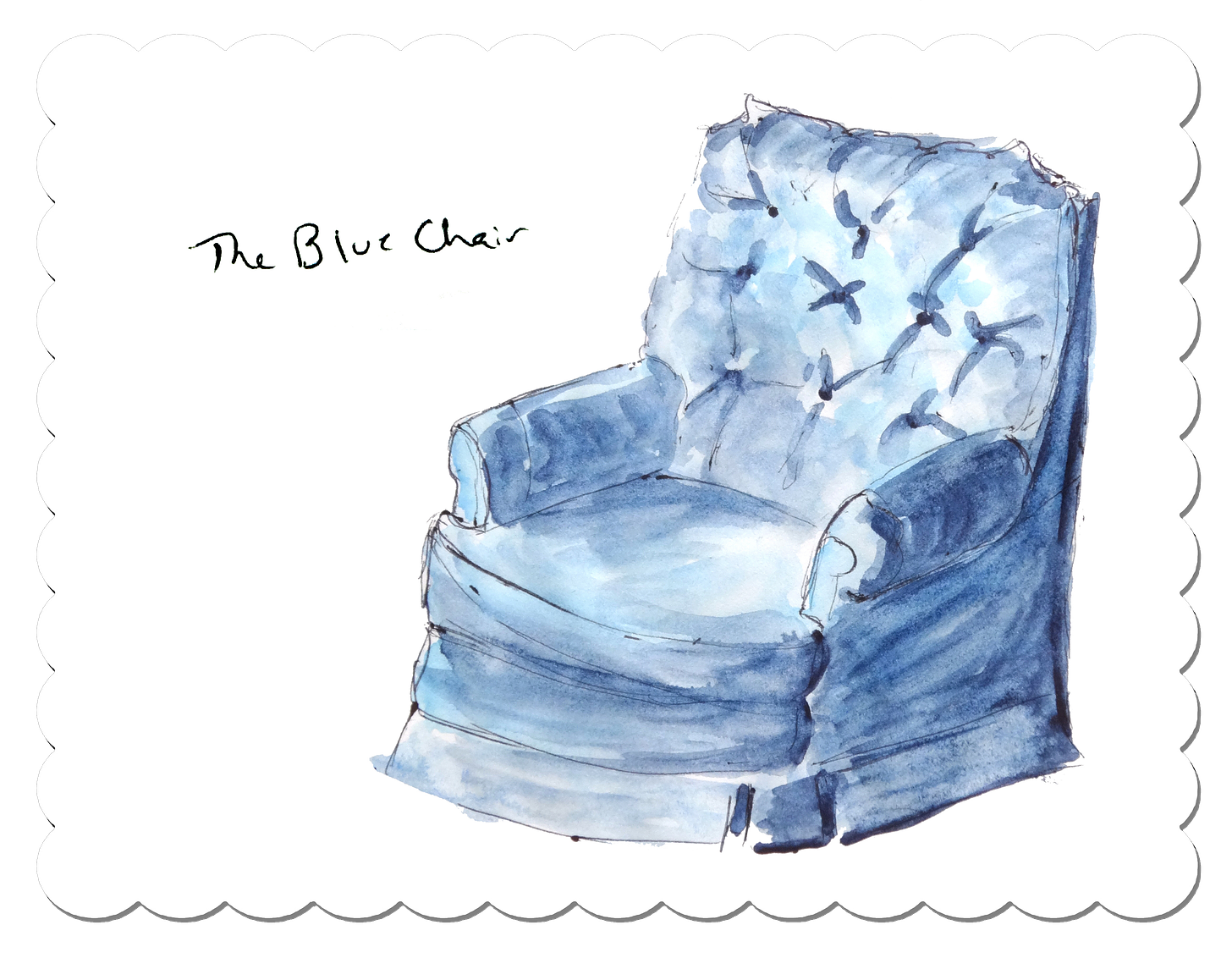 A watercolor sketch of an overstuffed blue chair with the words "The Blue Chair" to the side.