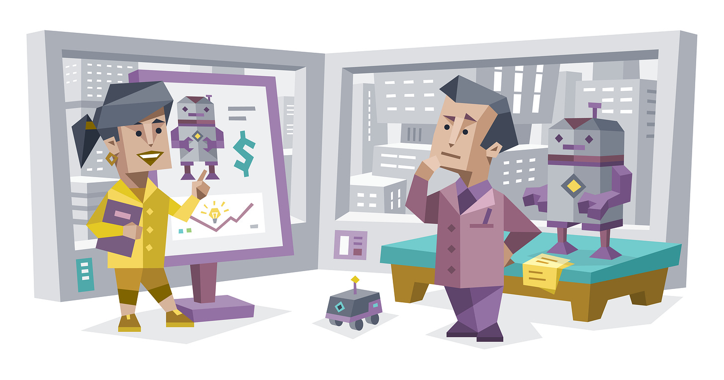 An Explorer and an Analyst stand in a futuristic office with robots. The Explorer presents a chart with robot designs, while the Analyst contemplates. Small robots and a cityscape are visible in the background.