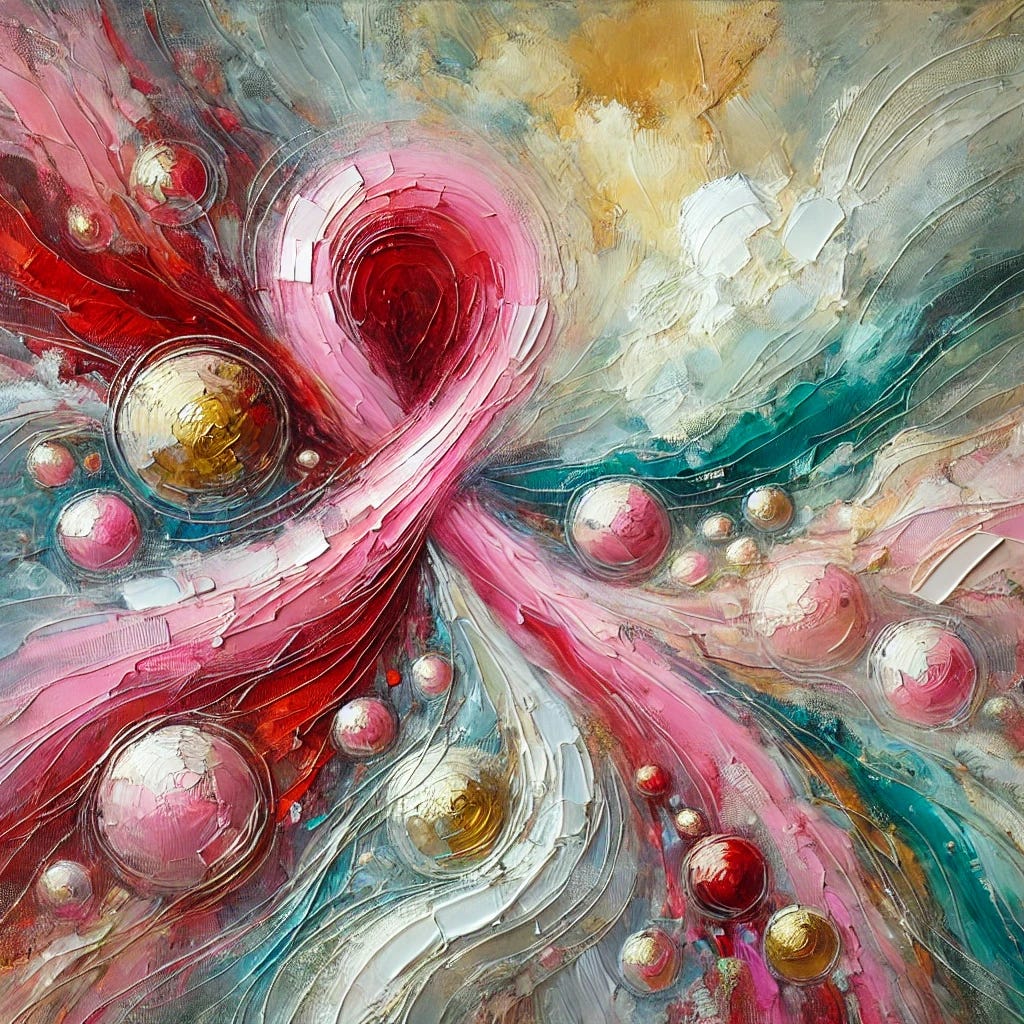 An abstract impressionist oil painting symbolising the themes of breast cancer and healing. The artwork features a vibrant palette dominated by deep reds and soft pinks to represent vitality, resilience, and the feminine essence, contrasted with whites and golden highlights to evoke healing, hope, and renewal. Flowing brushstrokes and textured layers create dynamic, interconnected shapes that suggest cellular repair and transformation. Subtle undertones of teal and blue provide balance and convey serenity, while expressive swirls depict movement and recovery. The composition is emotional, bold, and uplifting, capturing the journey from illness to healing.