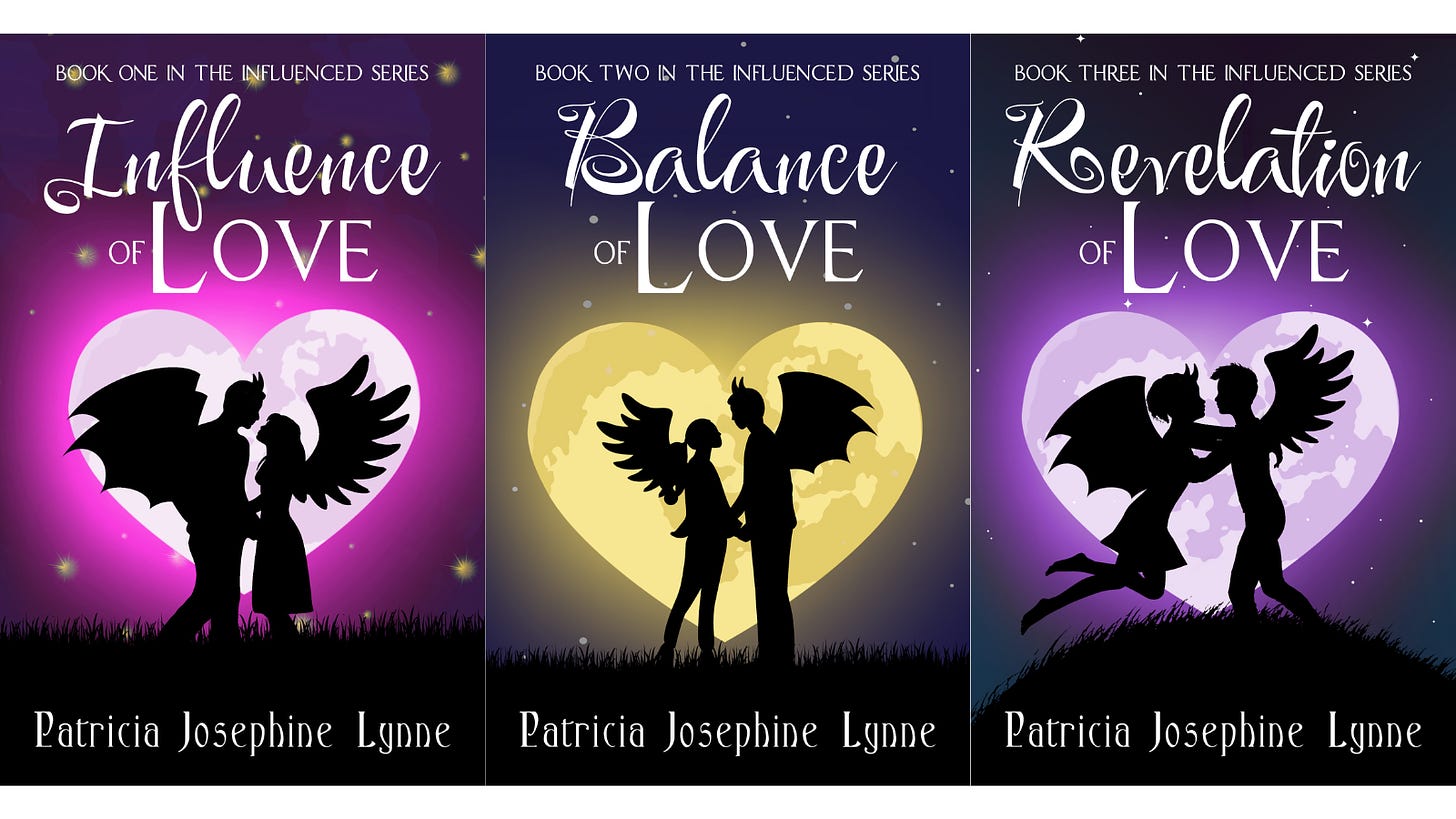 Three images of an angel and demon in front of a heart shaped moon. Book covers for Patricia J.L.'s Influenced series.