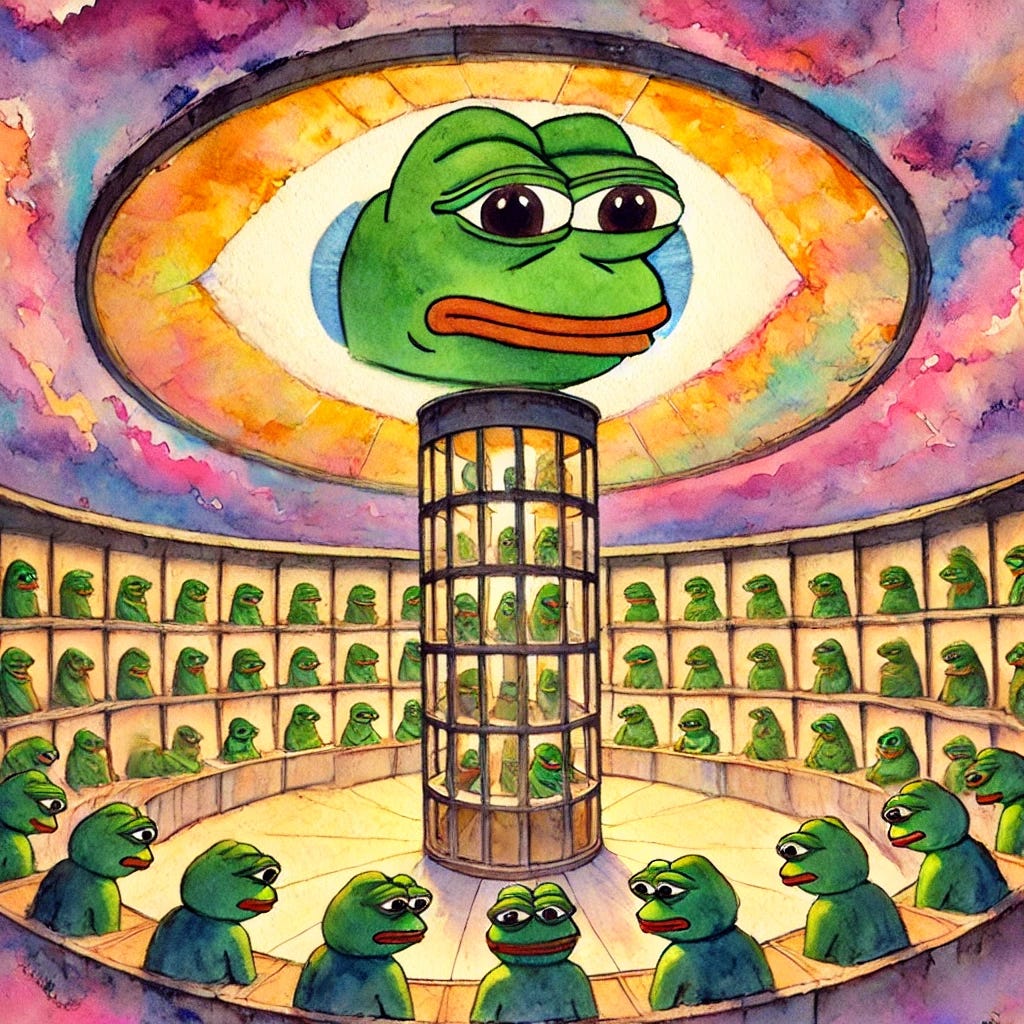 A watercolor surrealism aesthetic scene featuring multiple Pepes inside a panopticon structure. The central tower has a large, watchful eye observing all the Pepes, who are in various poses and expressions within their cells around the circular structure. The entire environment is painted in soft, fluid watercolors, blending vibrant hues and creating a dreamlike, surreal atmosphere that enhances the fantastical nature of the scene.