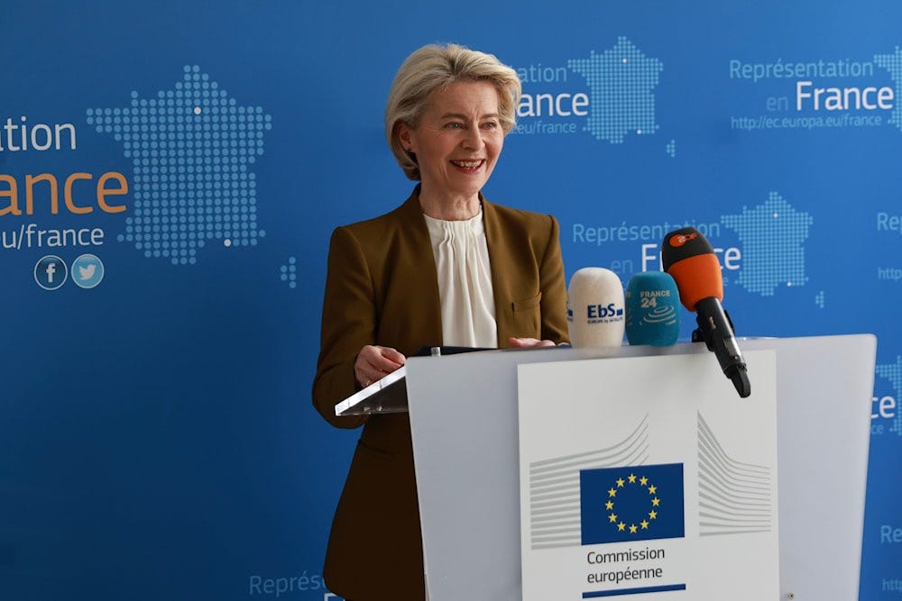 European Commission President Ursula von der Leyen delivers her speech after a meeting with French President Emmanuel Macron and China's President Xi Jinping, Monday, May 6, 2024, in Paris.(AP)