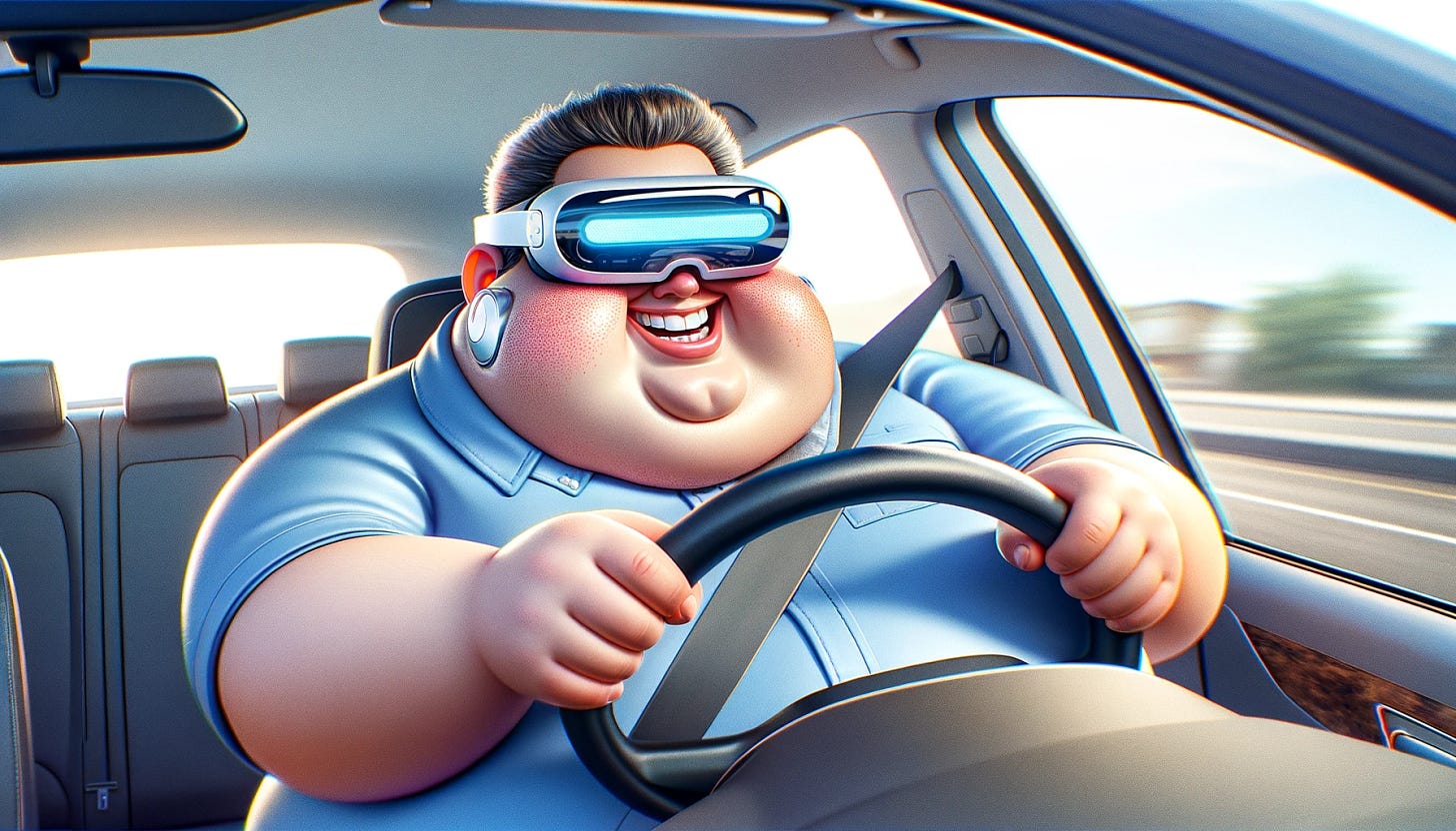 A cartoonish, slightly exaggerated depiction of an overweight person driving a car. The person is wearing futuristic goggles, similar to the concept of Apple's Vision Pro goggles, with sleek and modern design elements. The interior of the car is visible, showing a steering wheel, dashboard, and the road ahead through the windshield. The person has a cheerful expression, illustrating a sense of enjoyment and engagement with the driving experience. The overall tone of the image is lighthearted and fun, with bright colors and a focus on the interaction between technology and everyday life.