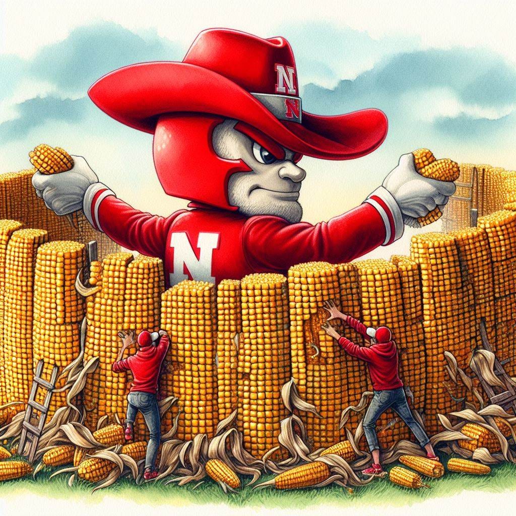 The Nebraska Cornhuskers mascot building a wall out of corn, watercolor
