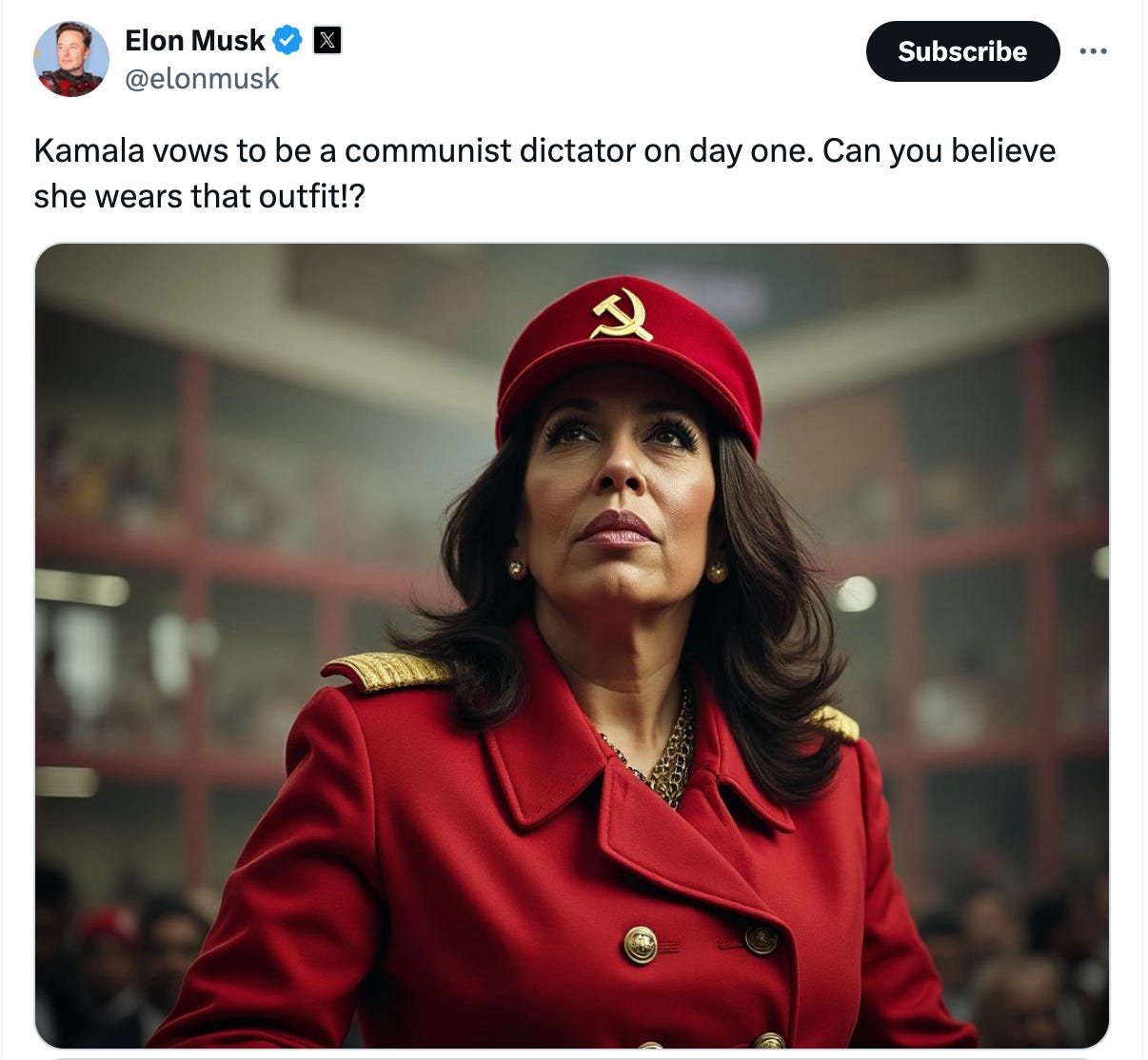 Elon Musk posts AI image of Harris as communist dictator – and X users  respond by playing him at his own game | The Independent