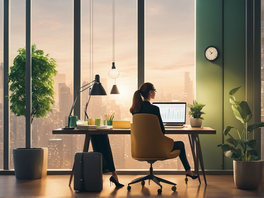 A single person working in solitude in a serene and quiet corner of the office.