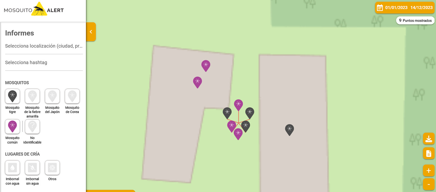 Screenshot of a Mosquito Alert map showing the shape of a building and several spots with mosquito reports.