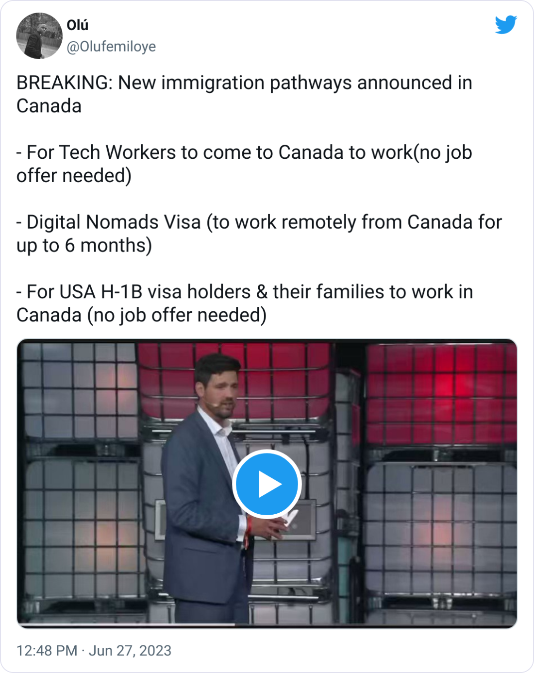 Olú @Olufemiloye BREAKING: New immigration pathways announced in Canada  - For Tech Workers to come to Canada to work(no job offer needed)  - Digital Nomads Visa (to work remotely from Canada for up to 6 months)  - For USA H-1B visa holders & their families to work in Canada (no job offer needed)