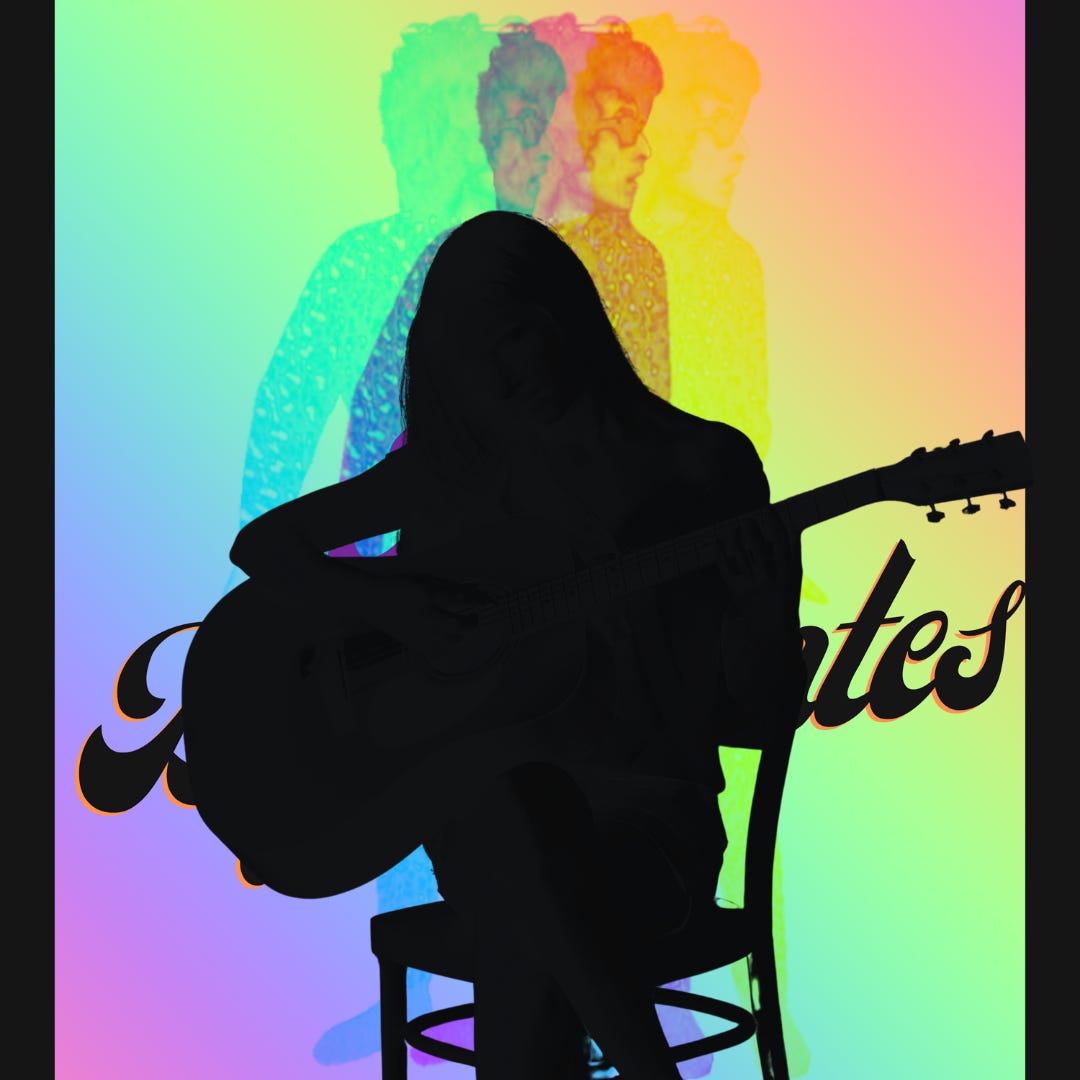 silhouette of a woman with a guitar sitting on a chair superimposed over the Dylantantes logo