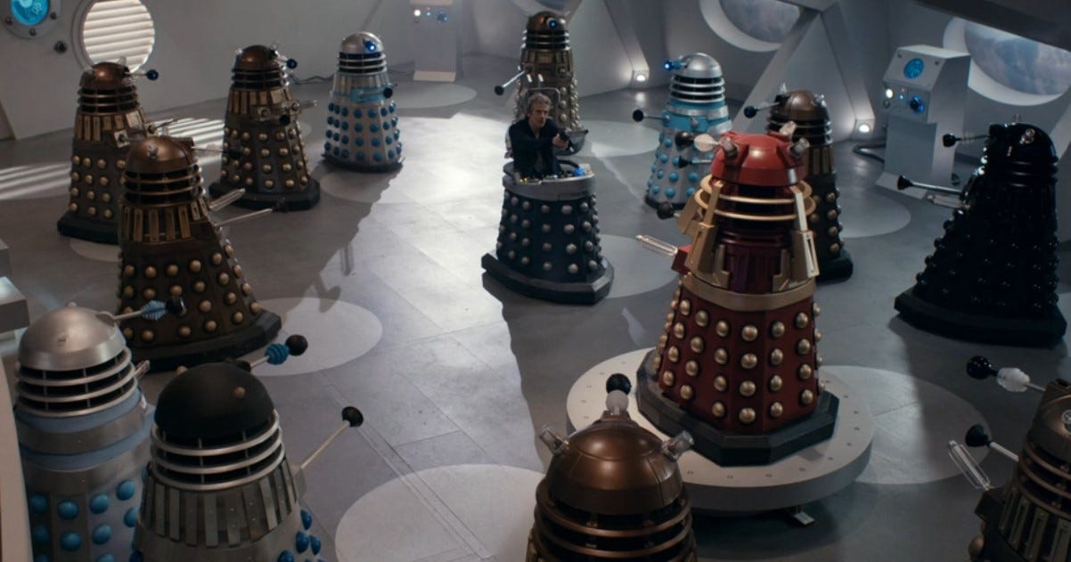 Multiple Dalek varieties in the control room on Skaro in The Witch's Familiar (2015) 