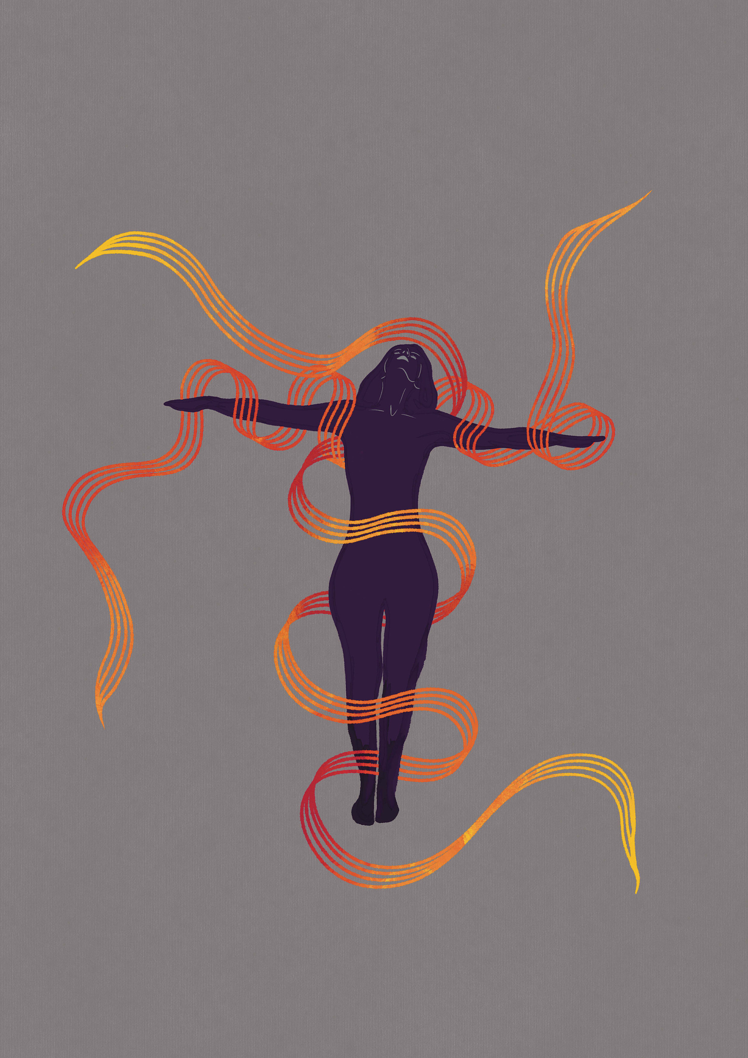 Illustration of woman surrounded by orange threads of intense, powerful energy