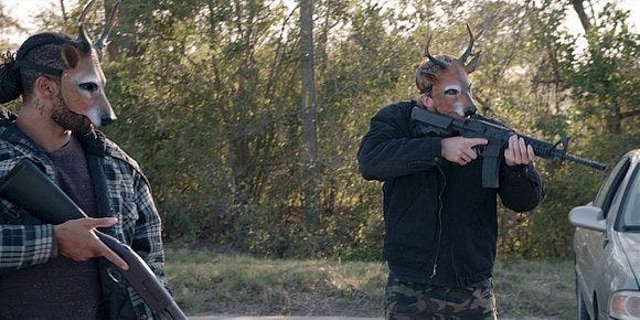 Bad boys on Walker in deer masks come in shooting ar 15s 2.06.