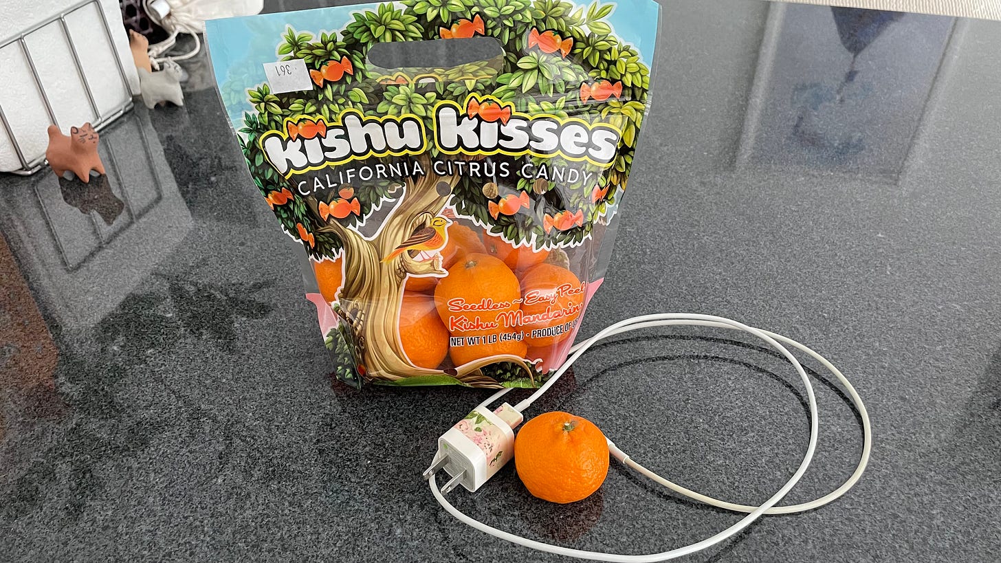 A bag of Kishu Mandarins sit on top of a reflective, grey countertop. One orange has been placed next to an iPhone charger for scale. They're tiny!