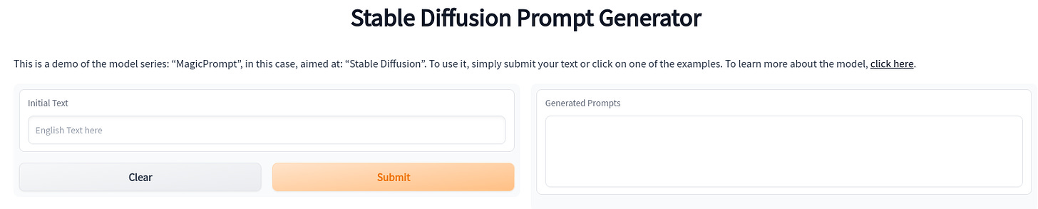 Screenshot of the Stable Diffusion Prompt Generator frontpage