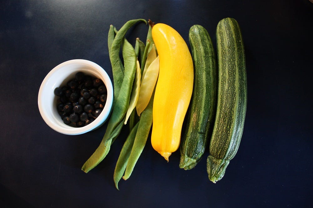 Dark blue background, white bowl of blackcurrants, green runner beans, yellow mangetout, yellow and green courgettes.