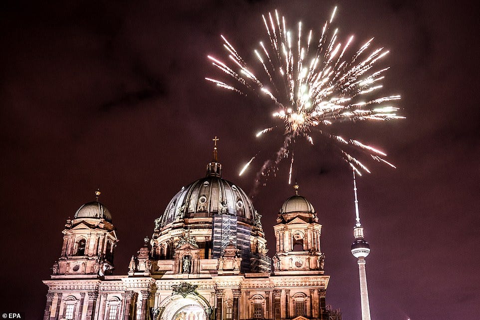 BERLIN: Fireworks illuminate the sky over Berlin TV Tower and Berliner Dom during New Year's Eve celebrations in Berlin, Germany