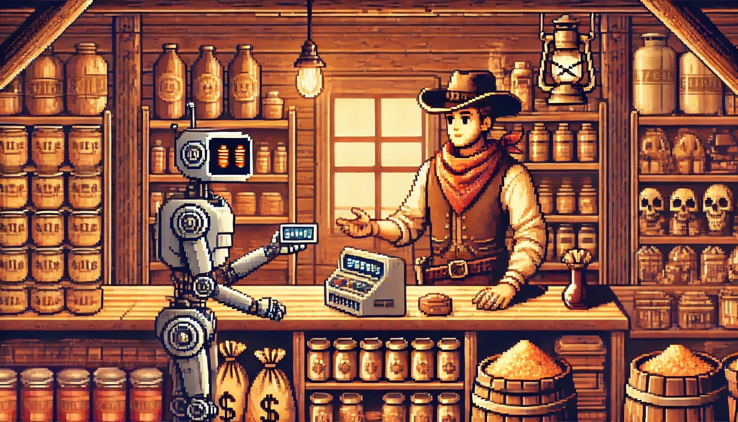 A pixel art scene in a 1980s frontier adventure style. A robot dressed as a cowboy is standing at the counter of an Old West general store, exchanging goods with the storekeeper. The shelves are filled with various unlabeled items typical of the era, like canned goods, lanterns, and sacks of flour. The setting is warm and rustic, capturing the blend of futuristic and historical elements. The image is in a 16x9 aspect ratio. No text.