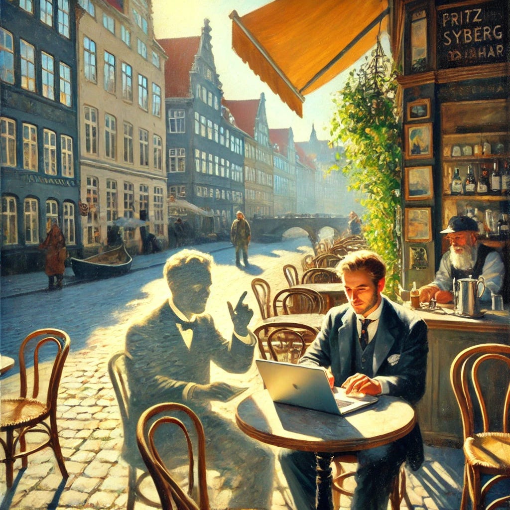 An impressionistic oil painting in the style reminiscent of Fritz Syberg, showing a man working on his laptop in a sunlit cafeteria in Copenhagen. Beside him, an invisible man sits, with a faint, ghostly hand pointing at the laptop screen, as if trying to help him. The scene is filled with soft, dappled light and a serene atmosphere. The background features old European buildings with detailed architecture, cobblestone streets, and a canal with small boats, reflecting the quaint, historic charm of Copenhagen. The color palette is gentle, pastel-like, capturing the peaceful essence of a sunny day.