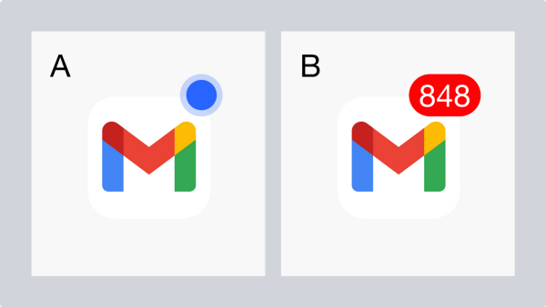Two notification badges: 1) a blue pulse dot with no number count, and 2) a red pill with the full number count.