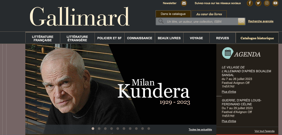 Page de garde du site internet des éditions Gallimard, avec Milan Kundera à la Une