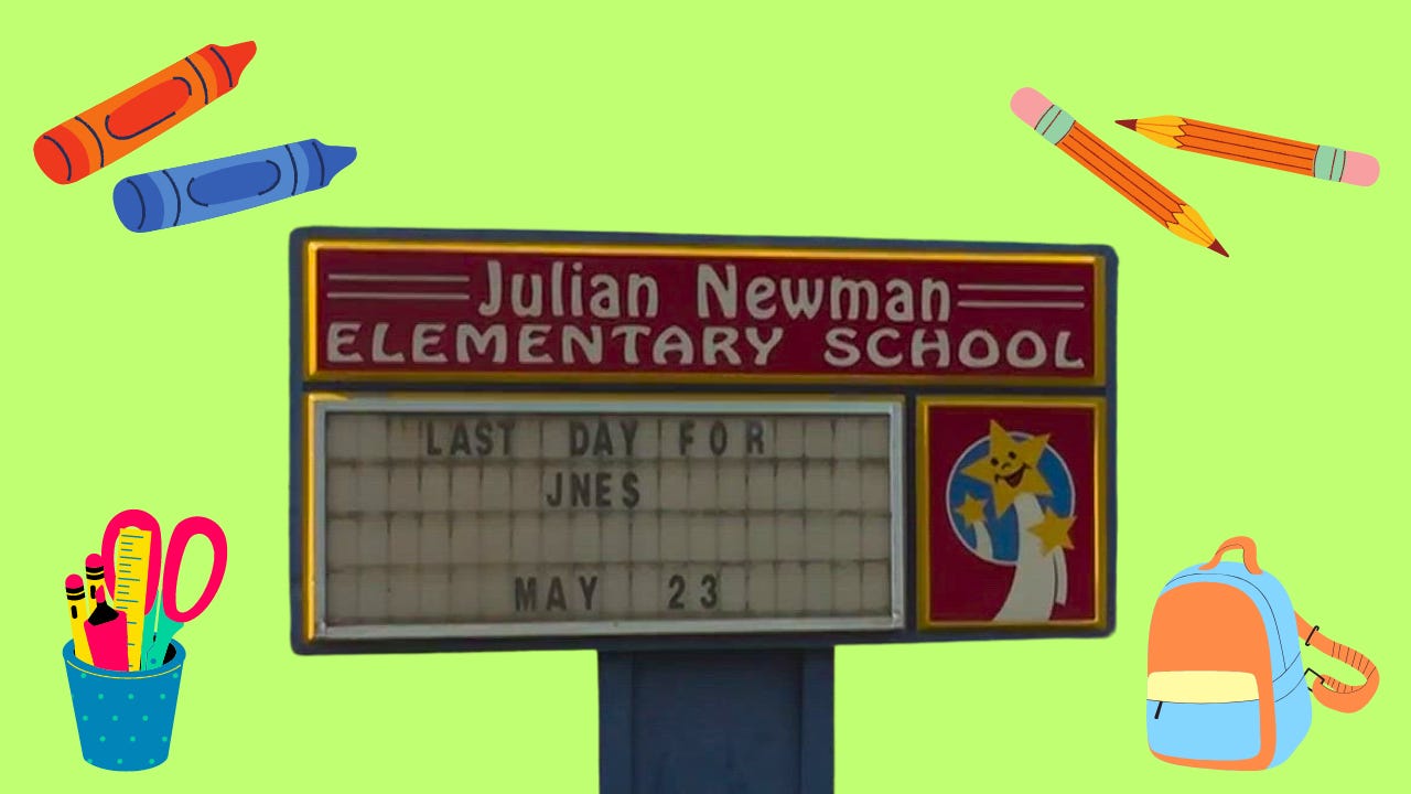 An elementary school sign surrounded by school supplies.