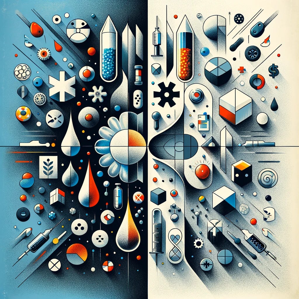 An abstract conceptual representation of a randomized controlled trial (RCT). The image should depict two distinct groups or sections, symbolizing the experimental group and the control group. One section should feature elements that represent intervention, such as abstract symbols for medicine, treatment, or innovation, contrasting with the other section that remains plain or unchanged, symbolizing the control group with no intervention. The division between the two groups should be clear, with a visual metaphor for randomization, like dice or a random pattern, indicating the random assignment of subjects to each group. The overall style should be abstract and informative, conveying the essence of scientific research and the principle of comparison in RCTs.