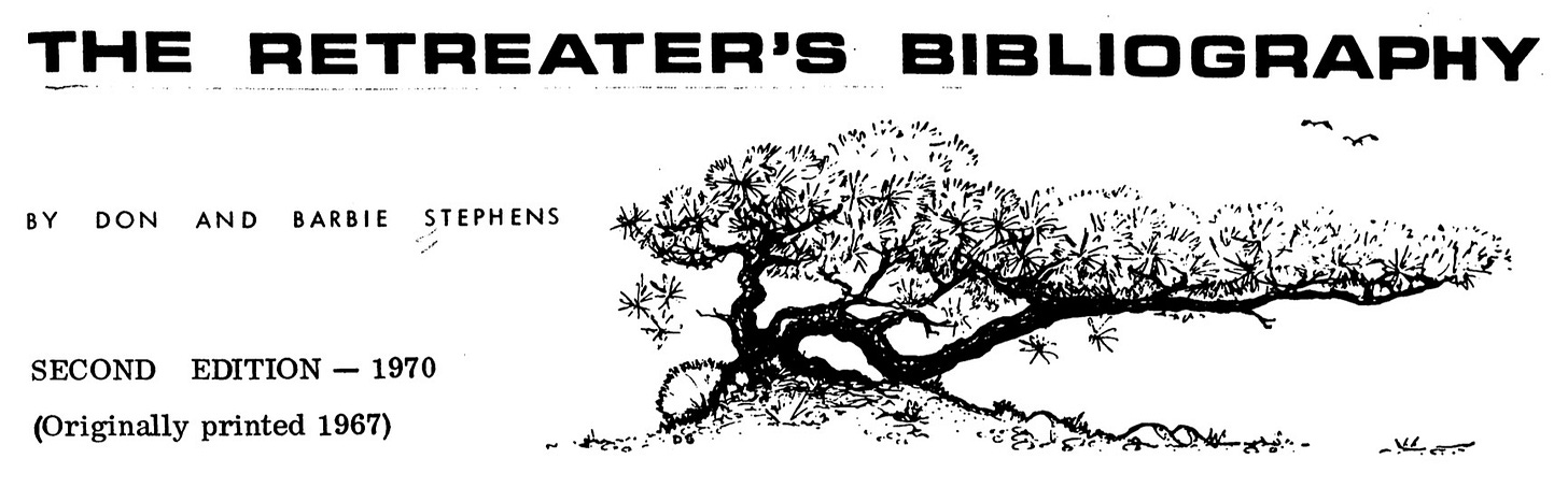 Title page of "The Retreater's Bibliography," second edition, 1970, by Don and Barbie Stephens, with an illustration of a tree on it. Title page of "The Retreater's Bibliography," second edition, 1970, by Don and Barbie Stephens, with an illustration of a tree on it.