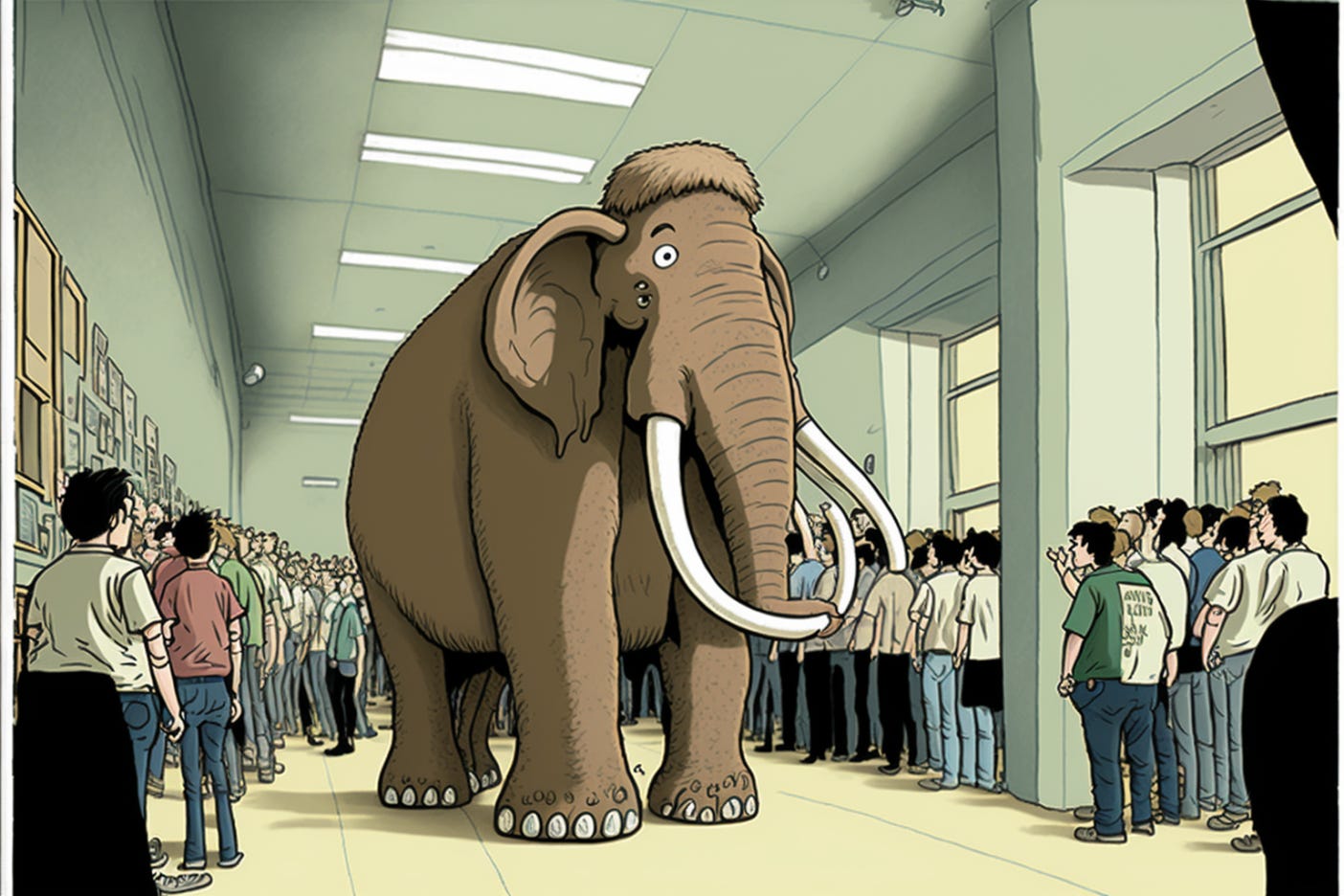 a cartoon wooly mammoth walks down a school hallway with students on each side