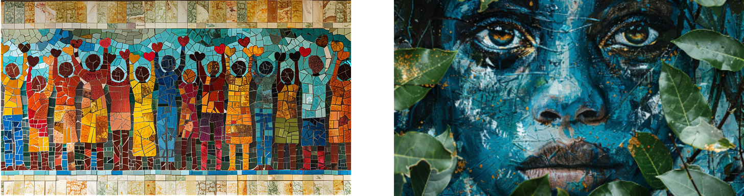 Left: Colorful mosaic depicting a group of people with raised arms, holding heart shapes, on a turquoise and yellow background. Right: A mural of a woman's face painted in shades of blue and white, partially obscured by green leaves.