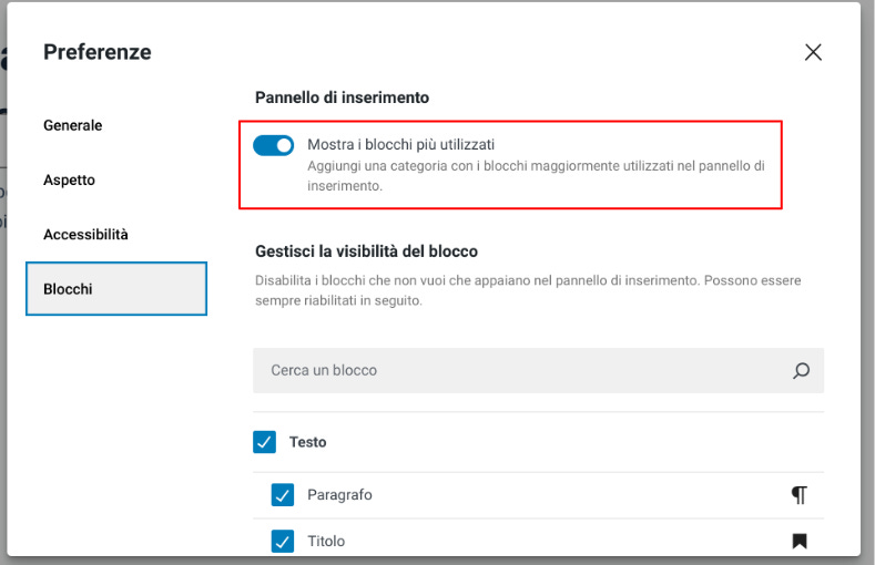 Finestra modale Preferenze > Blocchi > Mostra i blocchi più utilizzati