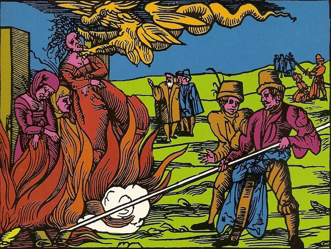 A colorful image of women being burned as witches, with men stoking the flames