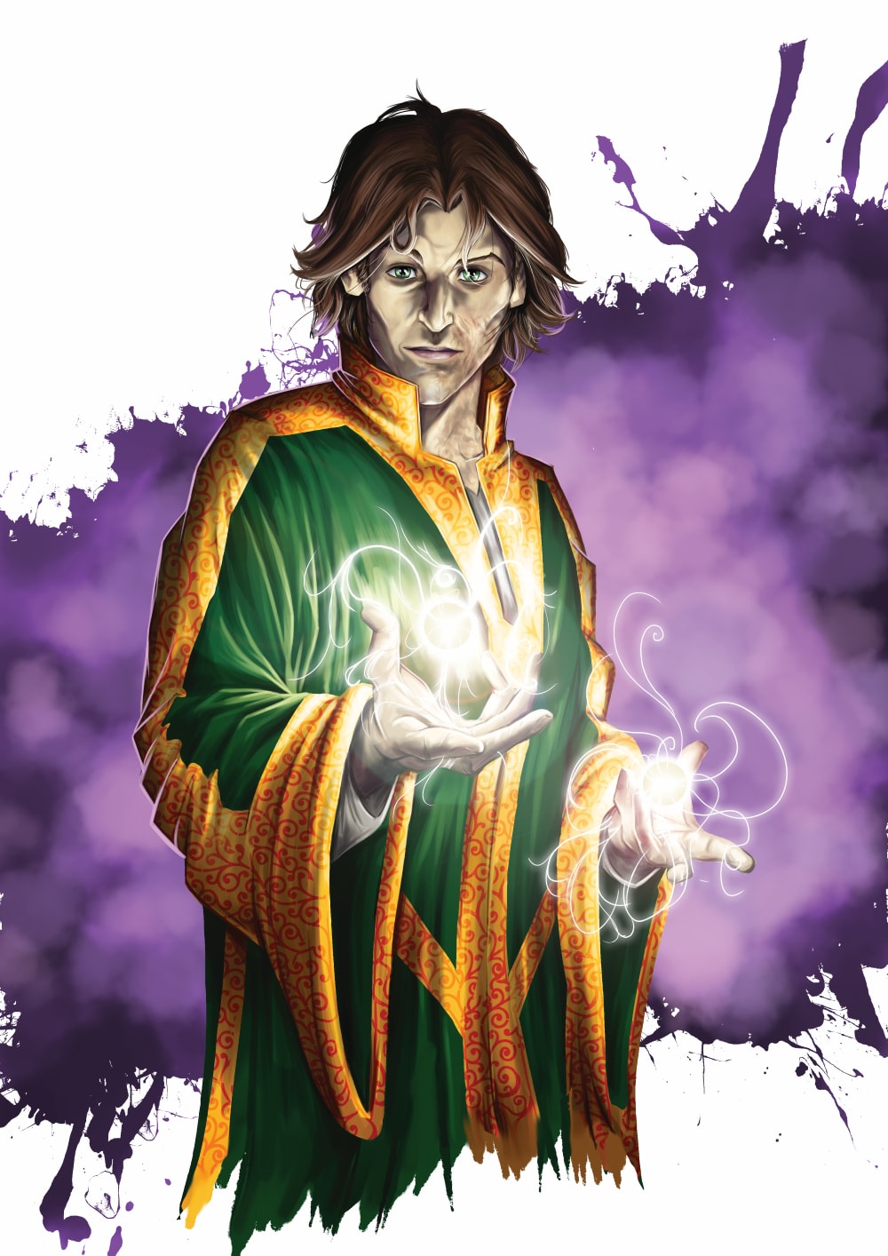 Character art of Haelius Akana, the disaster wizard of THE OUTCAST MAGE. He is a thin man with pronounced cheekbones, pale brown skin, green eyes and tousled brown hair that looks like it hasn't seen a hairbrush in some time. He is wearing green mage robes edged in gold and red. In his hands are glowing tendrils of magic. There is a purple splash background. Overall, he has an intense but also doesn't know how to look after himself vibe.