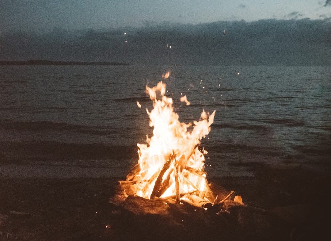 bonfire near seashore during nighttime