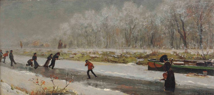 'Schaatsers' - olieverf op doek op board: Daniël Jordens (herkomst: coll. Ubbens Art)