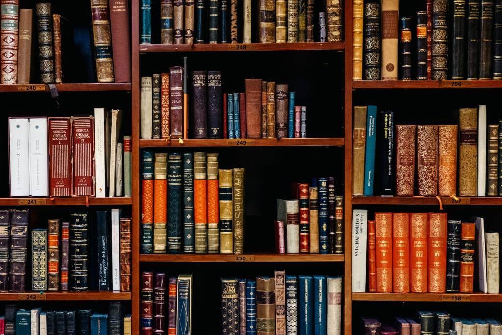 Estante marrom com diversos livros de cores, formatos e texturas diferentes na biblioteca de alguém Estante marrom com diversos livros de cores, formatos e texturas diferentes na biblioteca de alguém