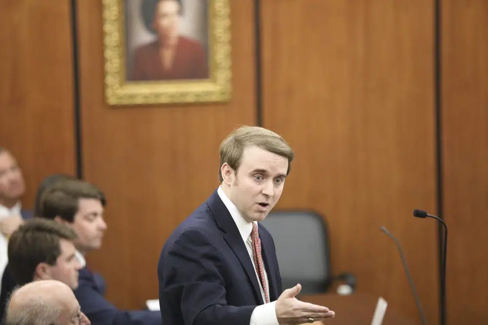 South Carolina Assistant Attorney General Thomas Hydrick argues that a judge should not halt enforcement of the state's new law banning abortion when cardiac activity is detected during a hearing, Friday, May 26, 2023, in Columbia, South Carolina. (AP Photo/Jeffrey Collins)