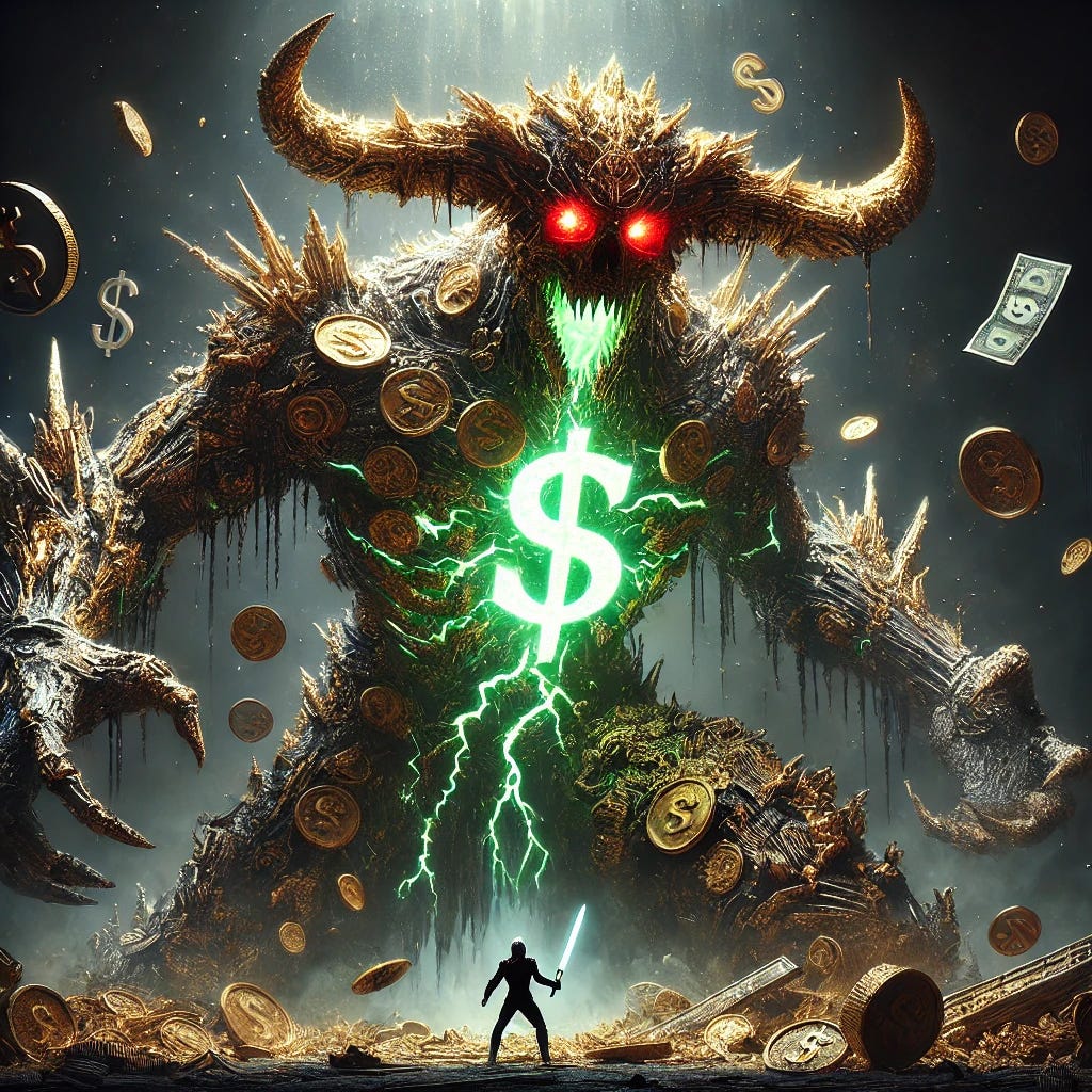 A dark and terrifying depiction of a futuristic video game scene inspired by Dark Souls. The towering, humanoid end boss, constructed entirely from jagged, tarnished gold coins and shredded dollar bills, now features a bull's head with glowing red eyes and sharp, metallic horns, symbolizing power and ferocity. At the center of the boss's chest, a massive, glowing dollar sign pulses with radiant green energy, representing its greed-infused core. Glowing cracks radiate eerie light across its body, adding to its menacing presence. The boss wields a massive, corrupted weapon resembling a twisted treasure scepter. Surrounding the boss are holographic dollar signs and currency symbols, floating ominously and glowing faintly. In the foreground, a small, determined hero clad in futuristic armor wields a glowing blade, standing defiantly before the colossal creature. Hovering in the background near the boss's core, a radiant, power-up item shaped like a treasure coin promises immense power if the hero prevails. The atmosphere is tense and dramatic, with dynamic lighting highlighting the epic confrontation.