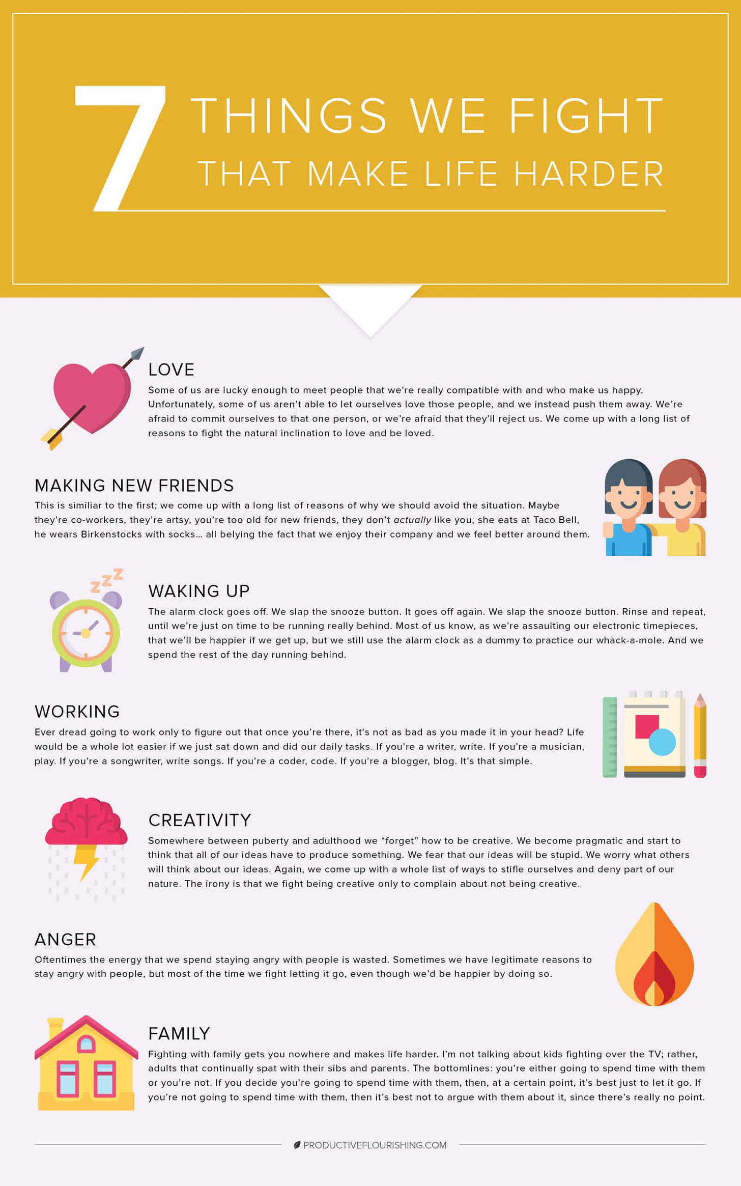 Which of these seven things are you fighting? Life is much easier, and more enjoyable, if we stop fighting the things we shouldn’t. #personaldevelopment #infographic #productiveflourishing