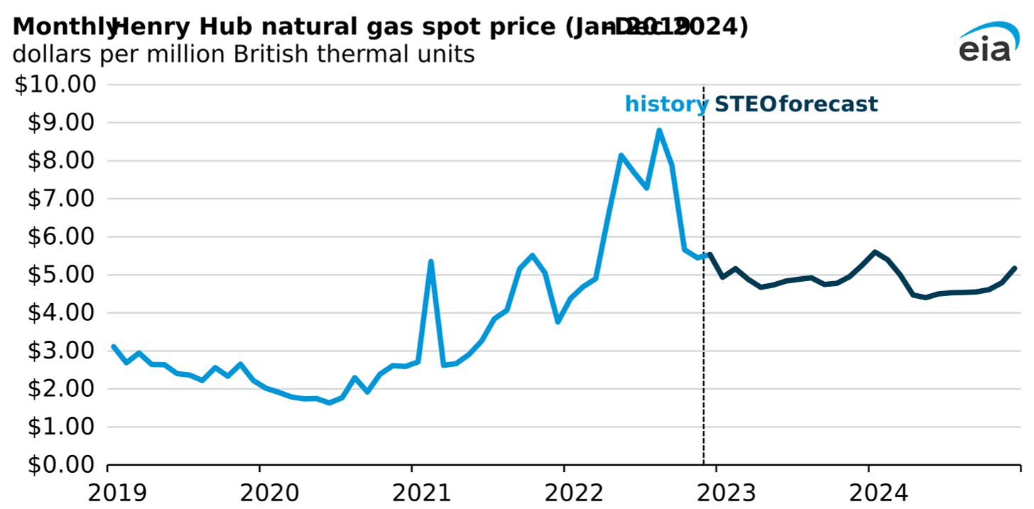 monthly Henry Hub natural gas spot price