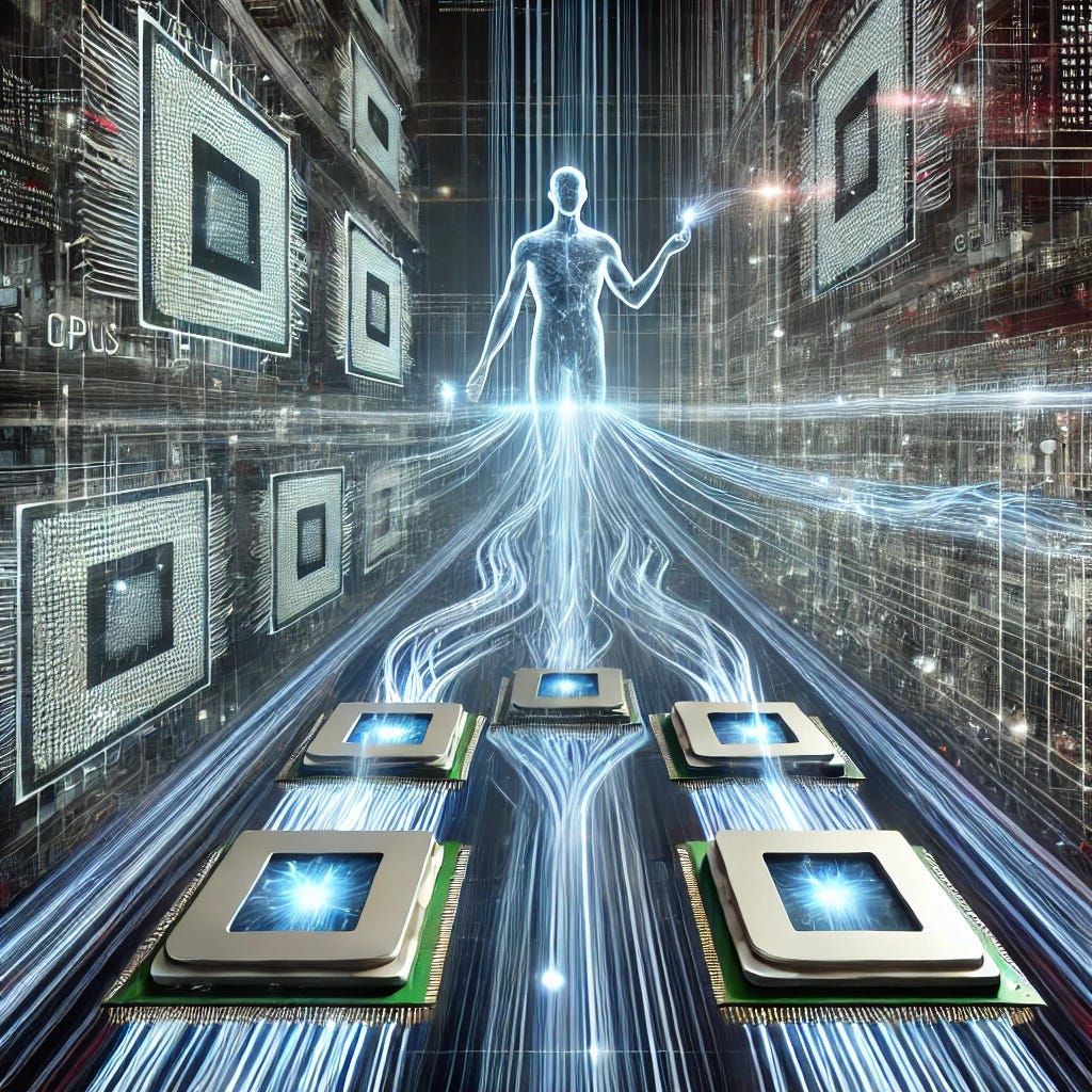 A conceptual illustration personifying software threads interacting with hardware like CPUs and GPUs. The image shows multiple glowing threads of light weaving through layered digital landscapes, symbolizing the interaction between software and hardware. The threads connect abstract icons of CPUs and GPUs, represented as futuristic, glowing chips. Layers of abstraction are depicted as semi-transparent, stacked planes with faint code snippets and system diagrams. The setting feels dynamic, modern, and high-tech, with a color palette of blues, silvers, and soft glows, emphasizing simultaneous tasks and computational efficiency.