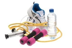 Shoes, water bottle and jump rope
