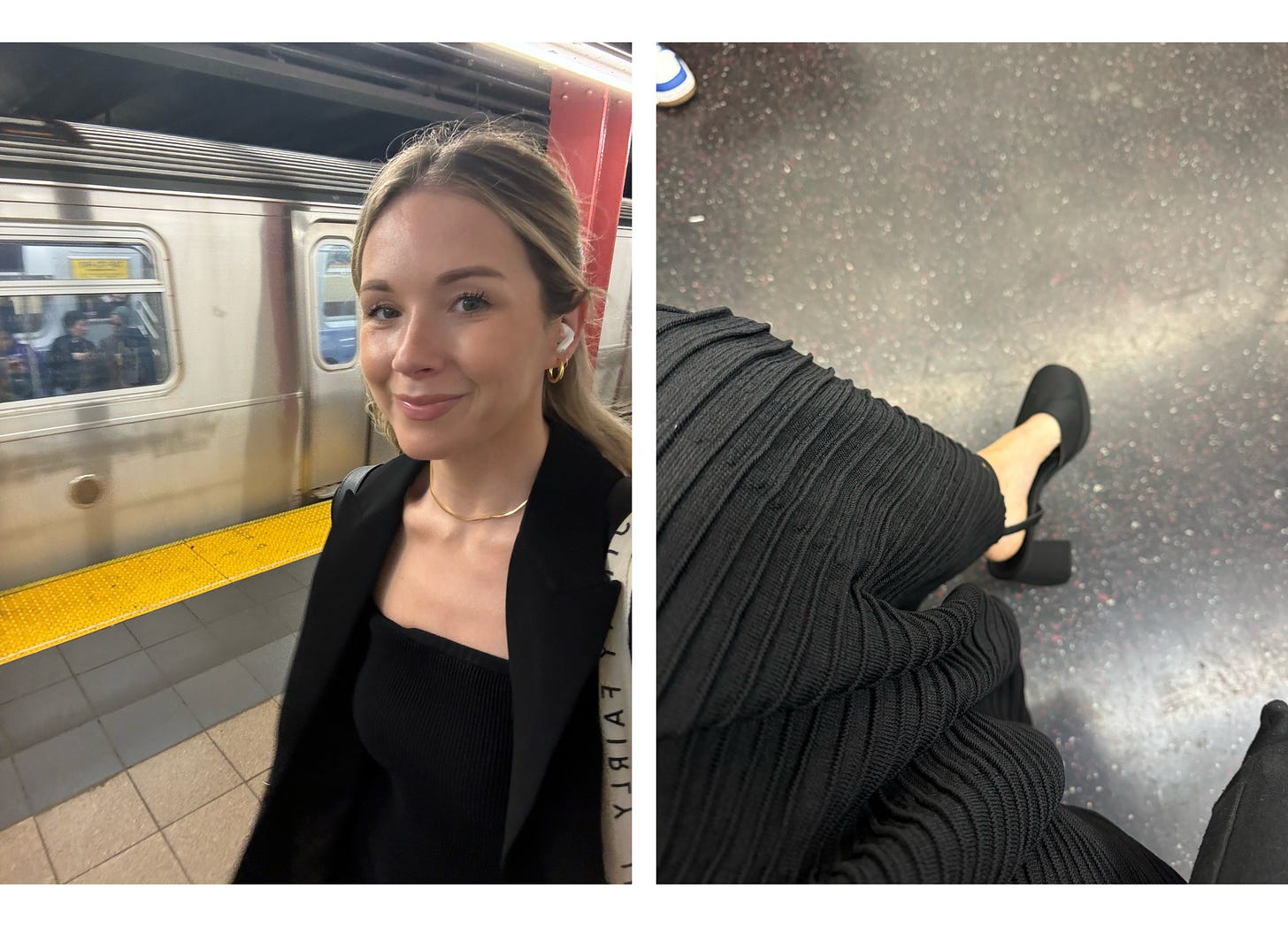 Photo of Katie at subway station and photo of Katie's shoes on subway
